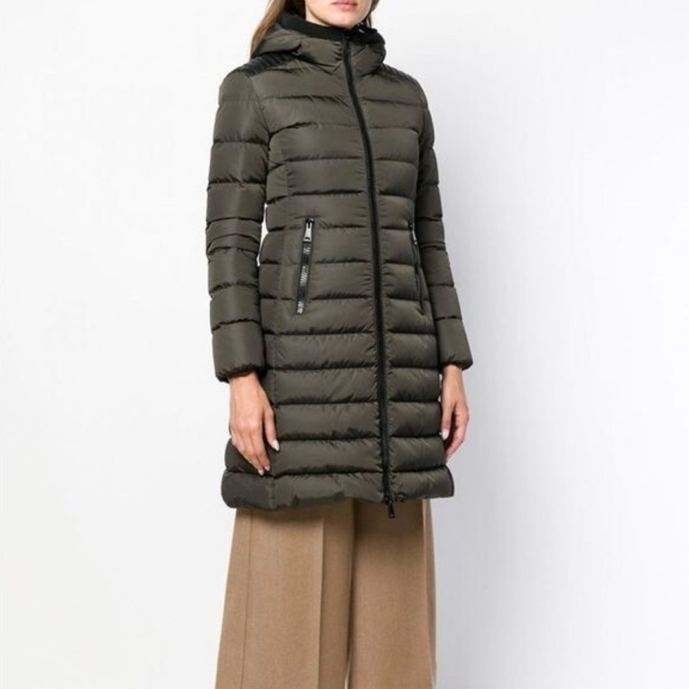 Authentic Moncler Taleve hooded long down jacket in olive green